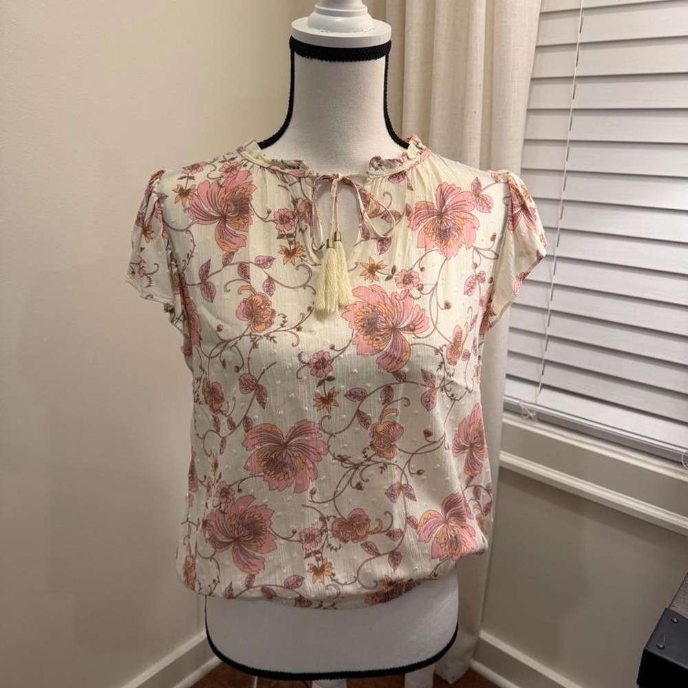 Rose + Olive Floral Swiss Dot Blouse Cream Pink Tassel Tie Neck XS